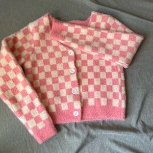 fuzzy checkered pink cardigan